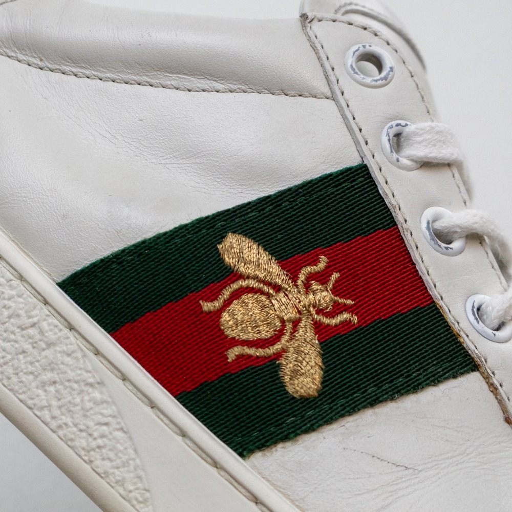 Gucci White Leather Low-Top Sneakers with Green and Red Web and Gold Bee - Picture 12 of 15
